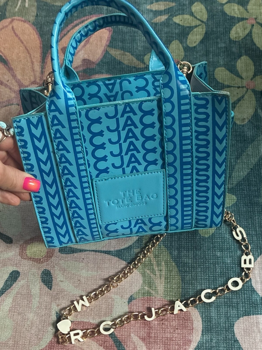 Marc Jacobs Mini Tote in Bright Blue Logo Print with Gold Letter Chain
